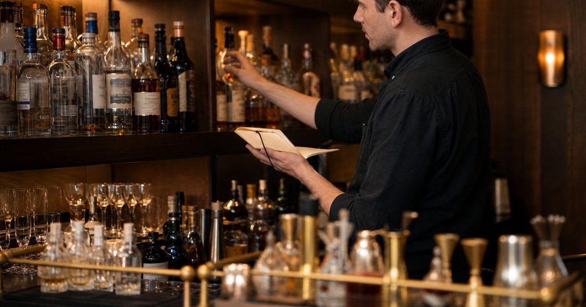 A bartender in a dim wood-paneled bar counting bottles on a back bar shelf with a small notebook, rows of spirits bottles and a brass rail in the foreground, warm evening light