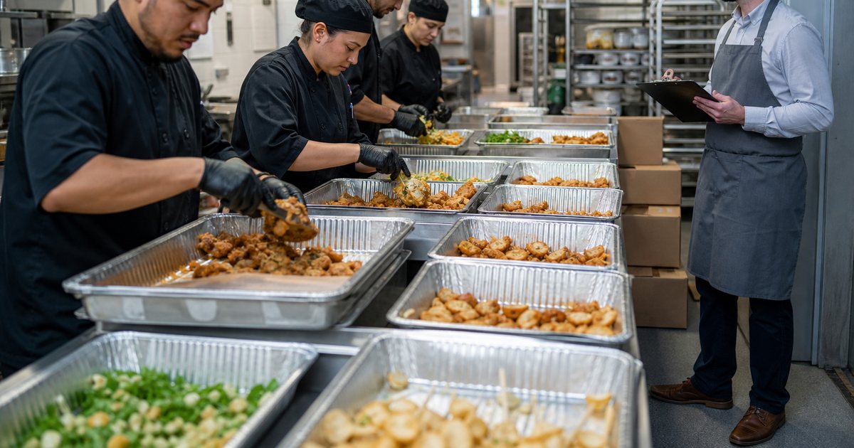 A commercial kitchen with cooks assembling dozens of catering trays on a long steel table, hotel pans lined up, a manager in a gray apron holding a clipboard beside stacked delivery boxes