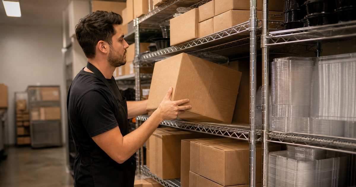 Stacked plain cardboard cases and clear plastic takeout containers on chrome wire shelving in a restaurant dry storage room, a staff member in a black apron lifting a case down from a middle shelf, warm overhead lighting, sealed concrete floor
