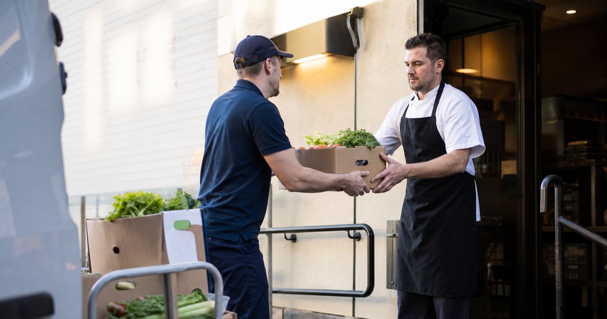 A restaurant back door delivery area with a driver handing boxes of produce to a cook in a black apron, a hand truck stacked with cardboard cases, morning light on a concrete loading step