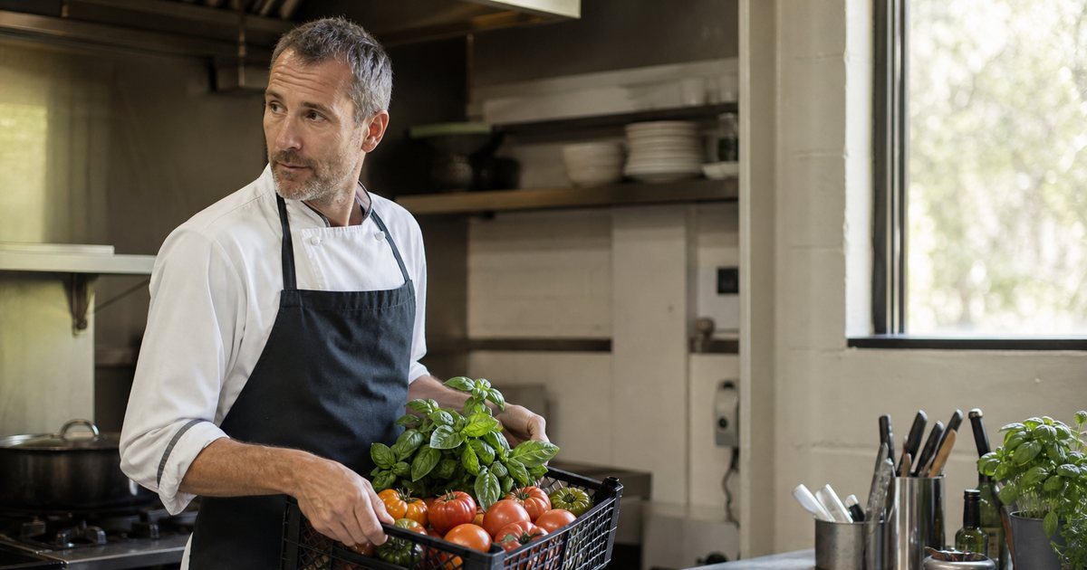 A chef in a small restaurant kitchen holding a crate of fresh summer tomatoes and basil next to a stainless steel prep table, a clipboard resting on the counter, warm natural light through a side window