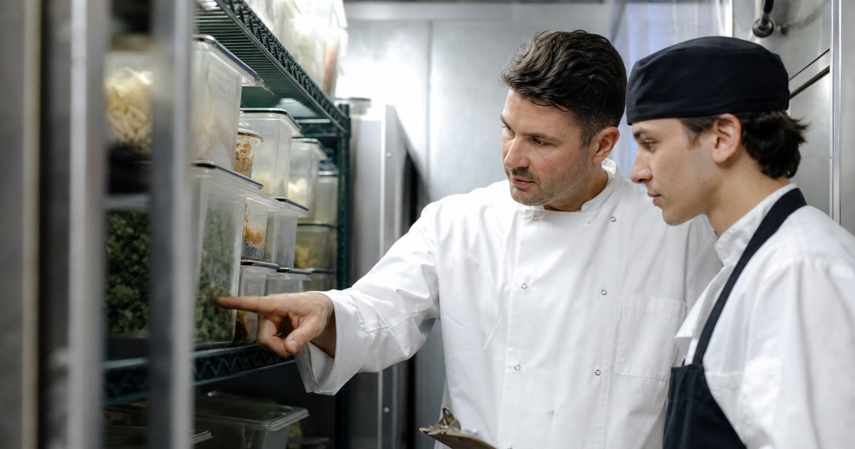 A chef in whites standing in a walk-in cooler with a young line cook, both looking at a shelf of lidded containers, the chef pointing at a bin while the cook holds a clipboard