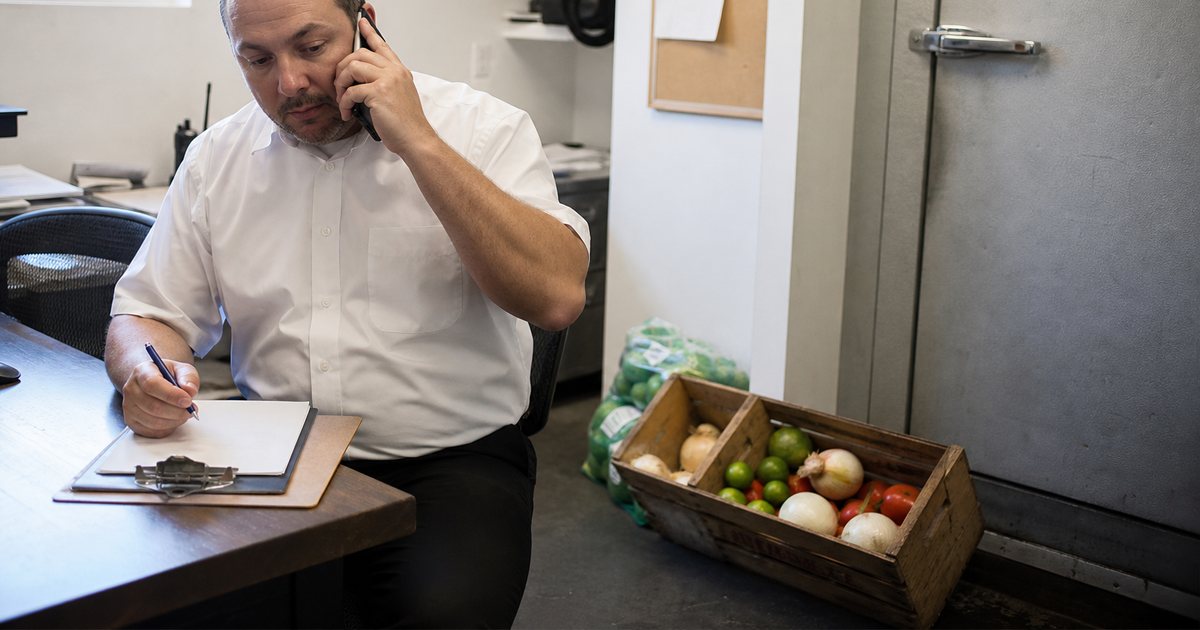 A restaurant manager on the phone in a small back office with a clipboard on the desk, a half-empty produce case on the floor beside a walk-in door, midday light from a small window