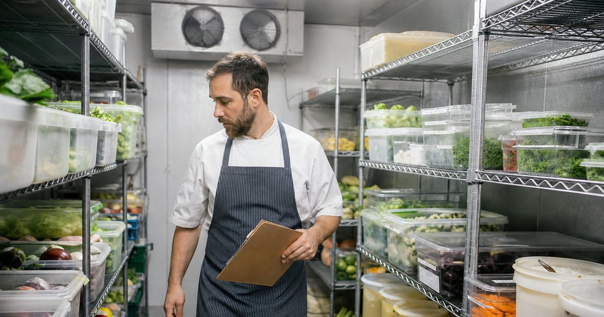 Interior of a clean restaurant walk-in cooler with metal shelving organized by category, clear bins and lidded containers, a cook with a clipboard walking along the shelves under bright white light